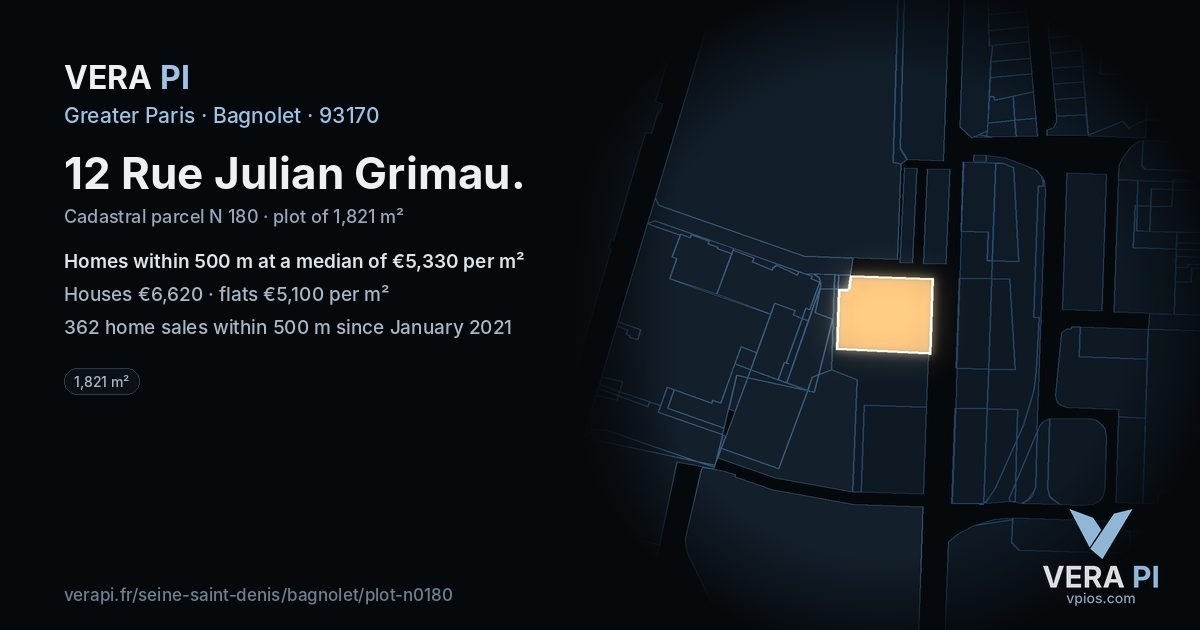 12 Rue Julian Grimau, Bagnolet at night – the plot lit, the parcels around coloured by the prices near them