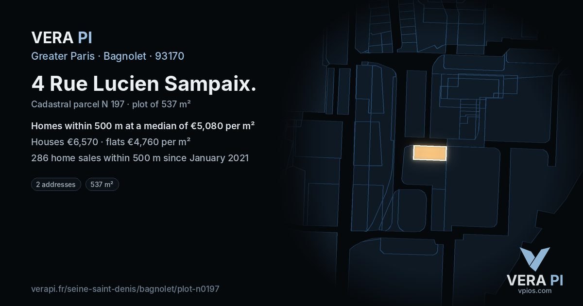4 Rue Lucien Sampaix, Bagnolet at night – the plot lit, the parcels around coloured by the prices near them