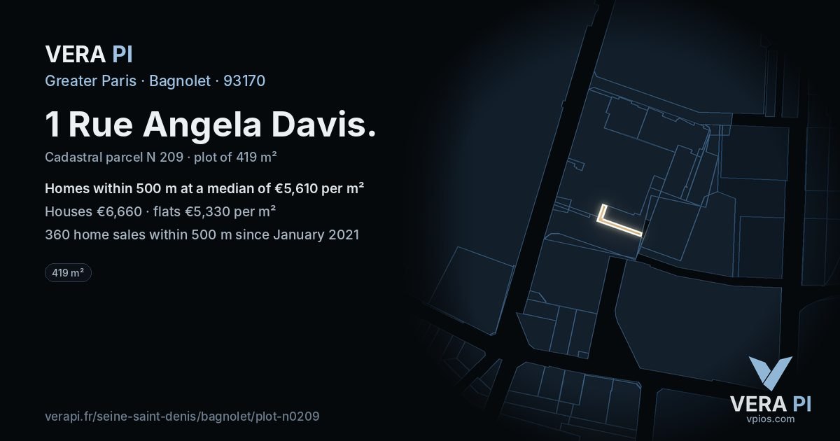 1 Rue Angela Davis, Bagnolet at night – the plot lit, the parcels around coloured by the prices near them