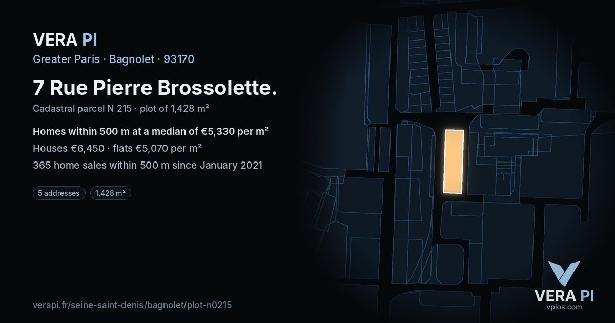 7 Rue Pierre Brossolette, Bagnolet at night – the plot lit, the parcels around coloured by the prices near them