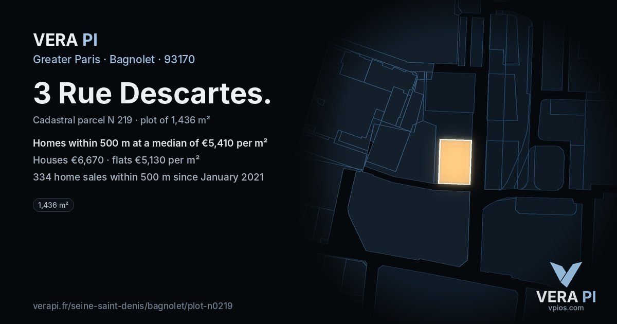 3 Rue Descartes, Bagnolet at night – the plot lit, the parcels around coloured by the prices near them