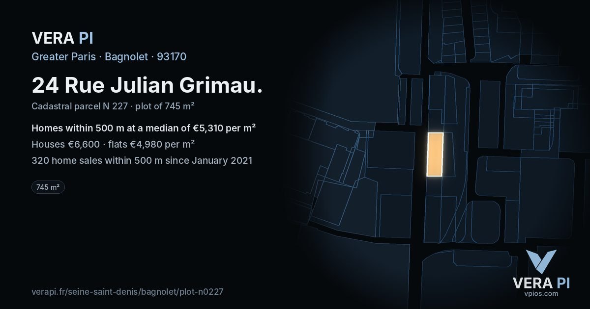 24 Rue Julian Grimau, Bagnolet at night – the plot lit, the parcels around coloured by the prices near them