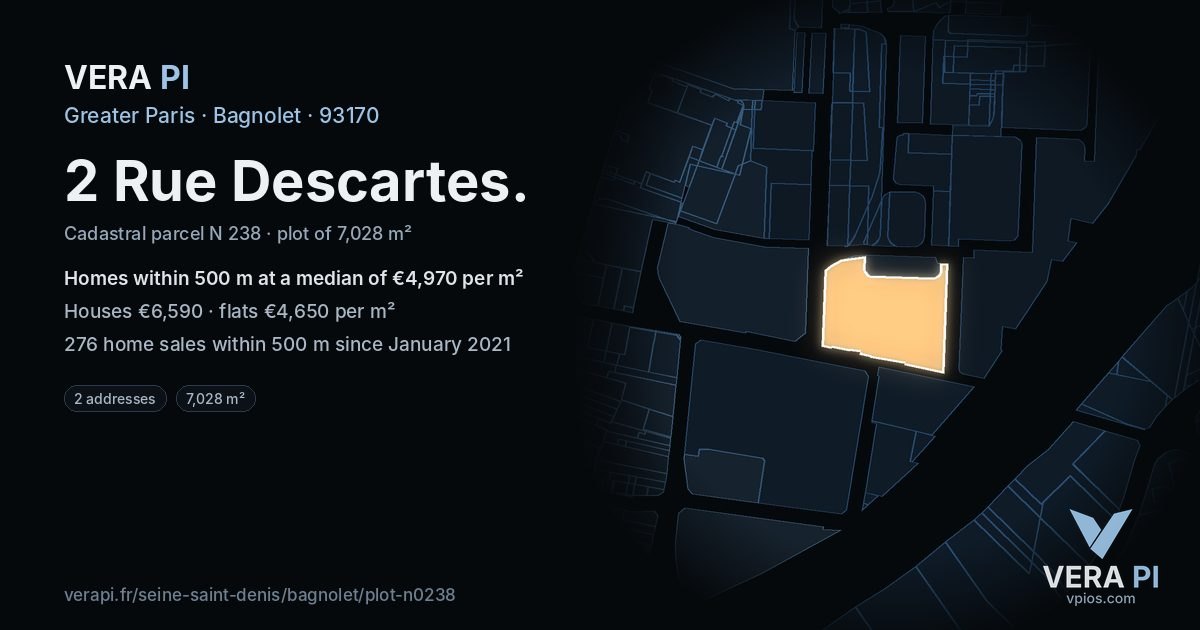 2 Rue Descartes, Bagnolet at night – the plot lit, the parcels around coloured by the prices near them