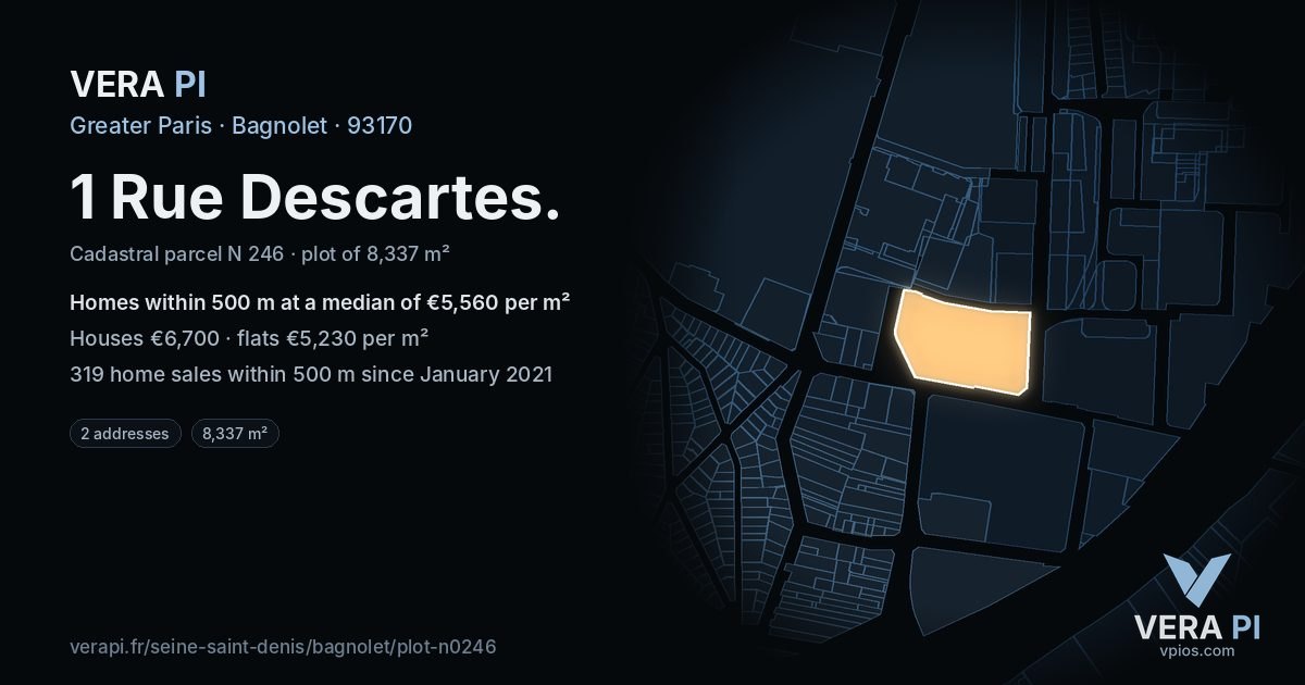 1 Rue Descartes, Bagnolet at night – the plot lit, the parcels around coloured by the prices near them