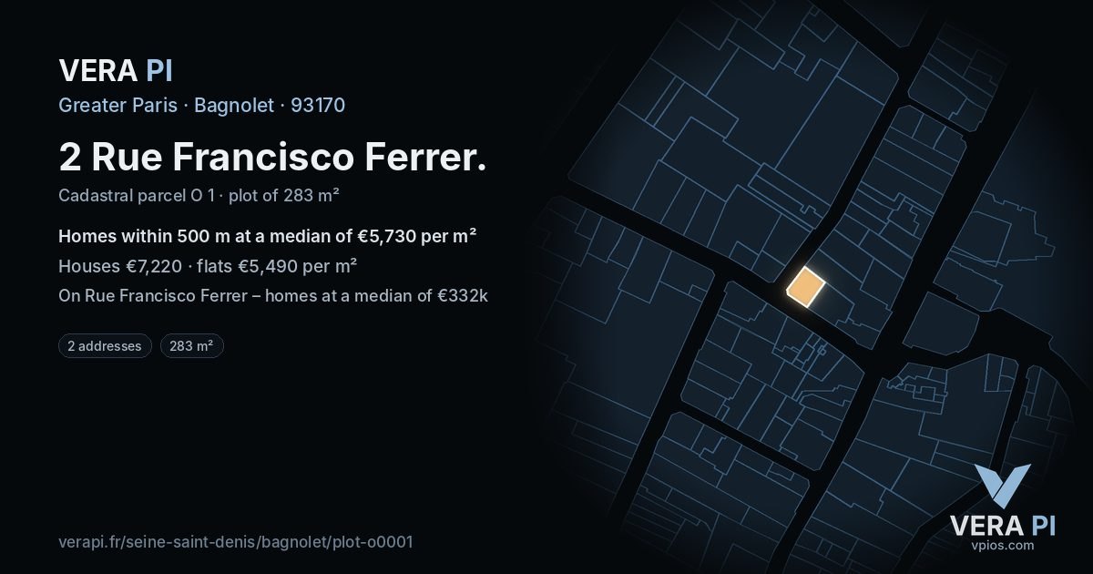 2 Rue Francisco Ferrer, Bagnolet at night – the plot lit, the parcels around coloured by the prices near them