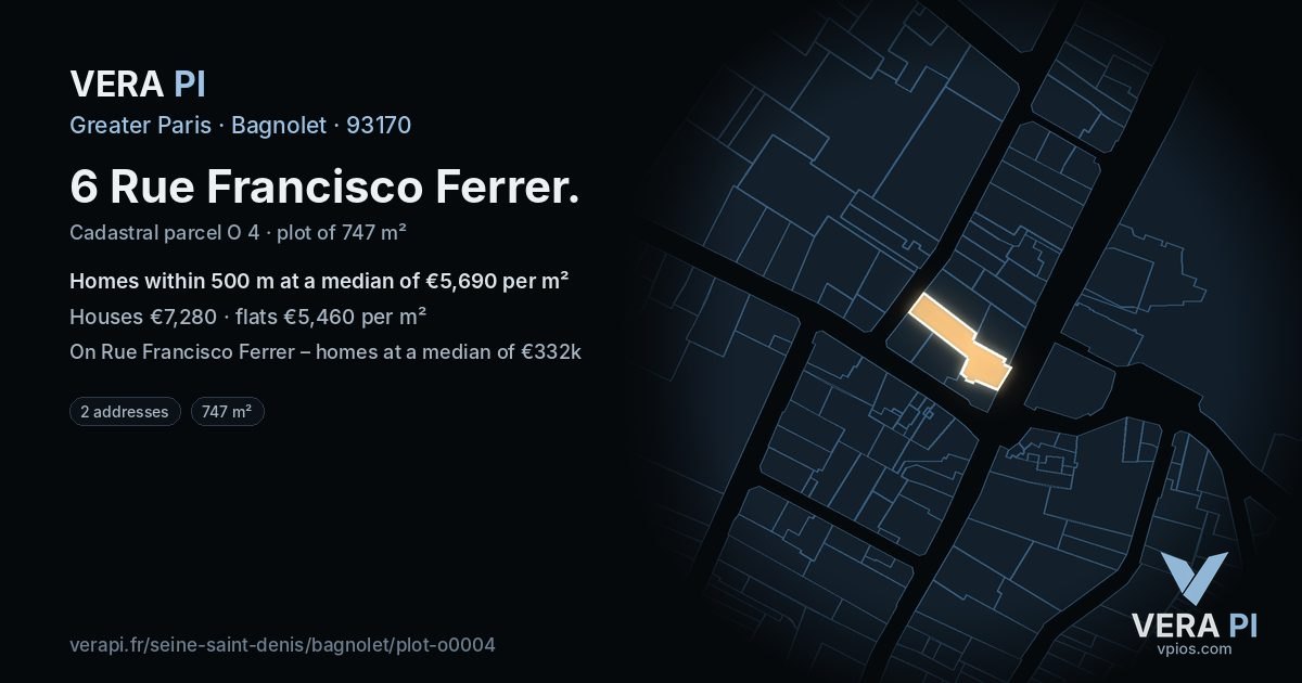 6 Rue Francisco Ferrer, Bagnolet at night – the plot lit, the parcels around coloured by the prices near them
