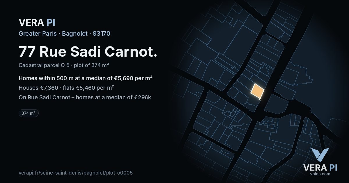 77 Rue Sadi Carnot, Bagnolet at night – the plot lit, the parcels around coloured by the prices near them