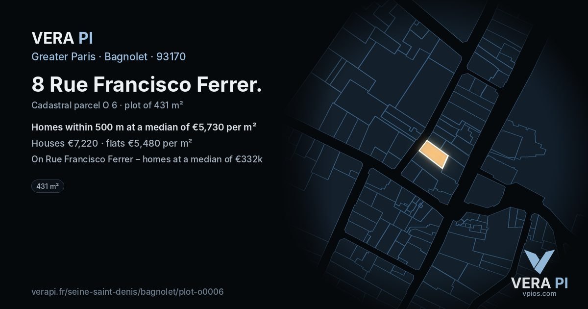 8 Rue Francisco Ferrer, Bagnolet at night – the plot lit, the parcels around coloured by the prices near them