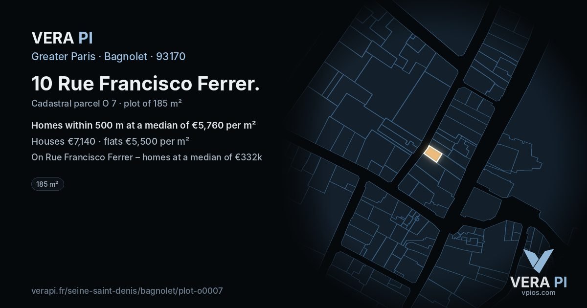 10 Rue Francisco Ferrer, Bagnolet at night – the plot lit, the parcels around coloured by the prices near them