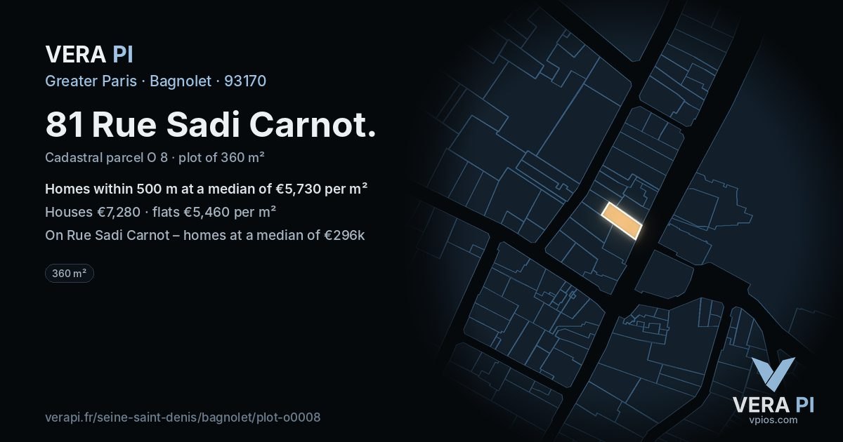 81 Rue Sadi Carnot, Bagnolet at night – the plot lit, the parcels around coloured by the prices near them