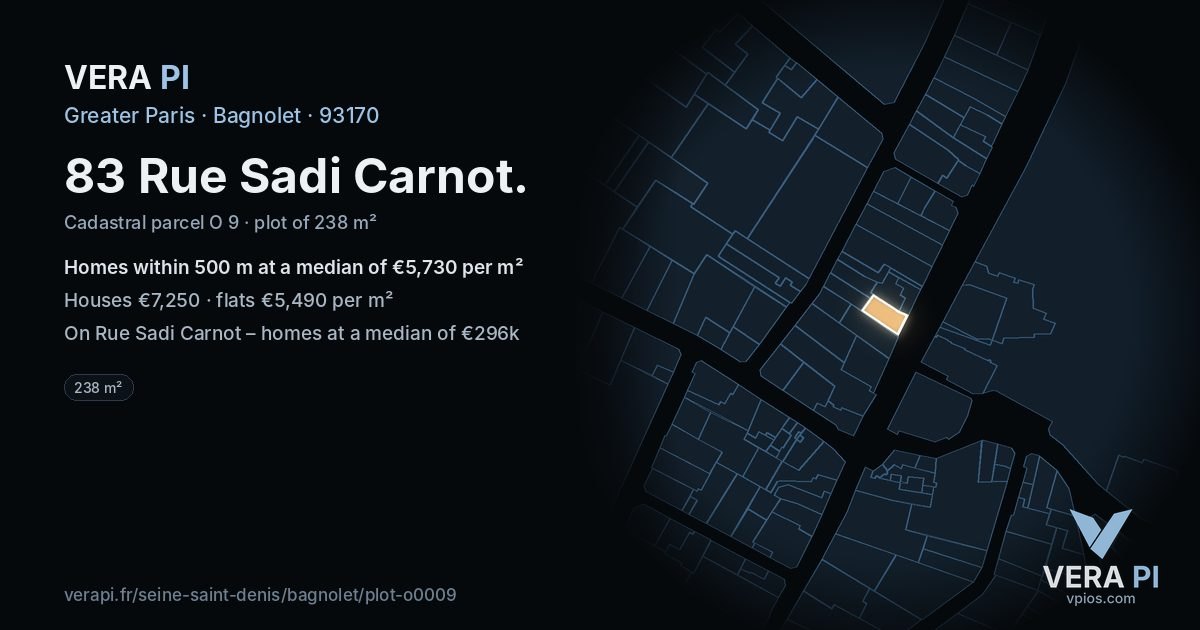 83 Rue Sadi Carnot, Bagnolet at night – the plot lit, the parcels around coloured by the prices near them