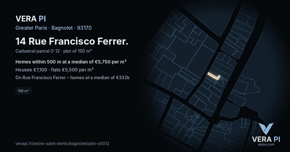 14 Rue Francisco Ferrer, Bagnolet at night – the plot lit, the parcels around coloured by the prices near them