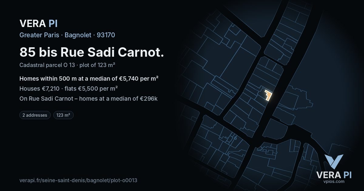 85 bis Rue Sadi Carnot, Bagnolet at night – the plot lit, the parcels around coloured by the prices near them