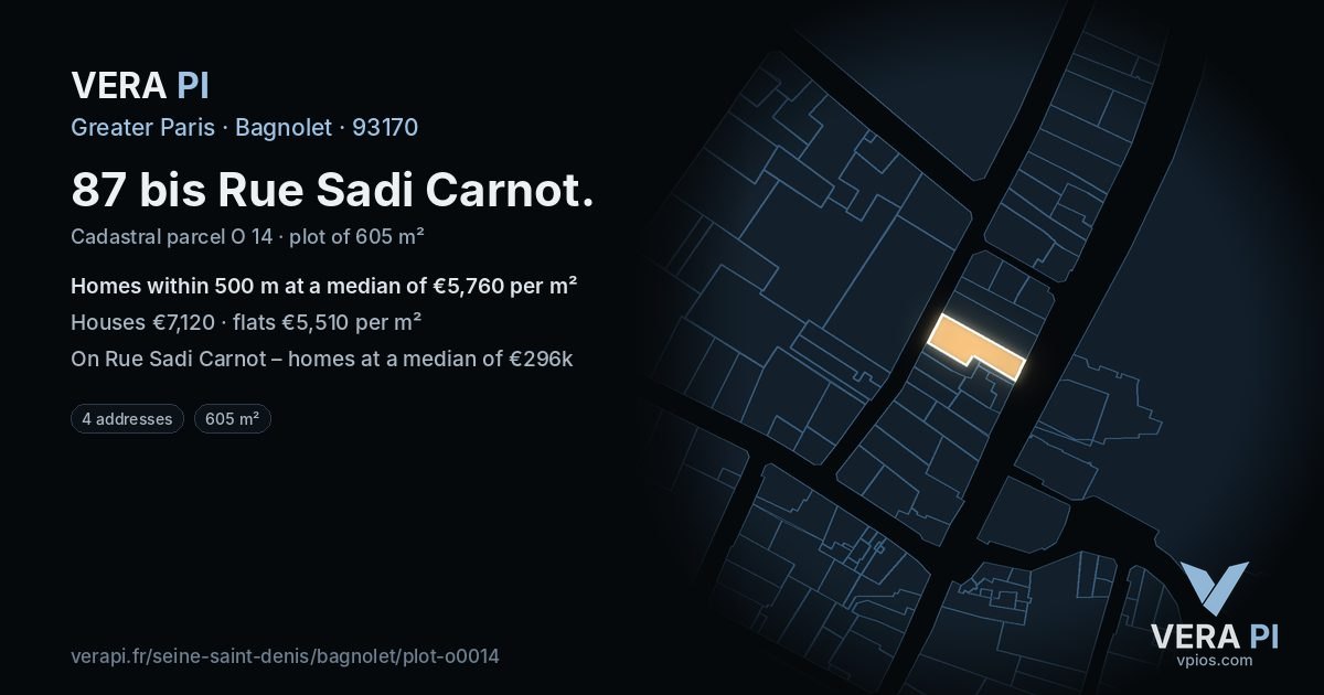 87 bis Rue Sadi Carnot, Bagnolet at night – the plot lit, the parcels around coloured by the prices near them