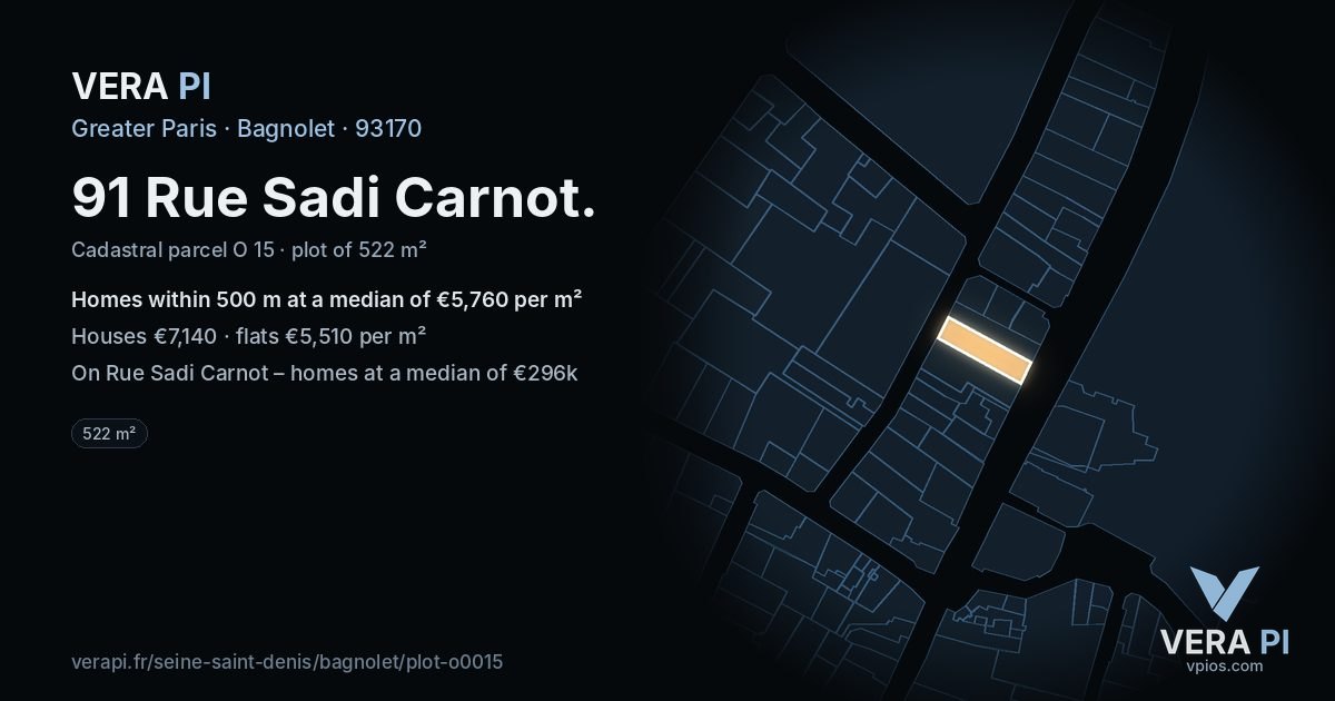 91 Rue Sadi Carnot, Bagnolet at night – the plot lit, the parcels around coloured by the prices near them