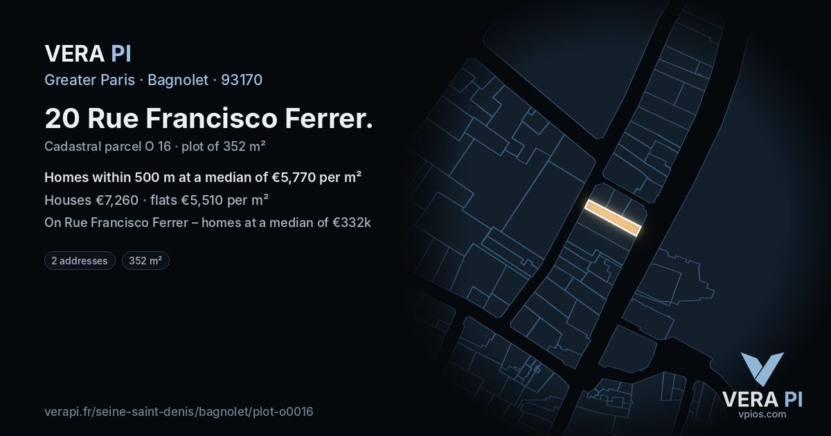 20 Rue Francisco Ferrer, Bagnolet at night – the plot lit, the parcels around coloured by the prices near them