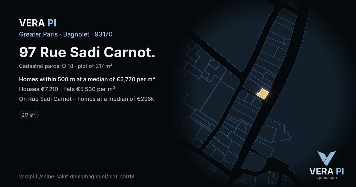 97 Rue Sadi Carnot, Bagnolet at night – the plot lit, the parcels around coloured by the prices near them