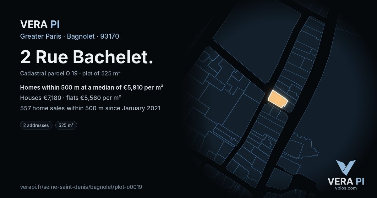 2 Rue Bachelet, Bagnolet at night – the plot lit, the parcels around coloured by the prices near them