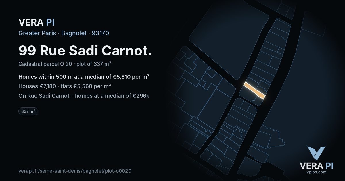 99 Rue Sadi Carnot, Bagnolet at night – the plot lit, the parcels around coloured by the prices near them