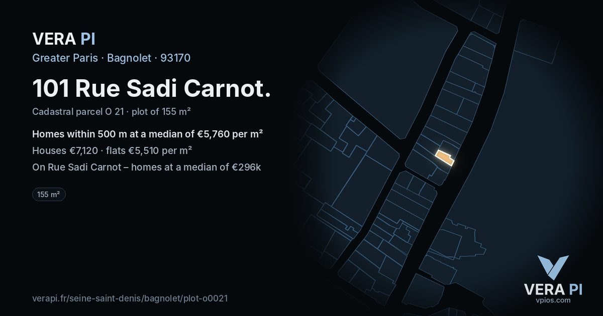 101 Rue Sadi Carnot, Bagnolet at night – the plot lit, the parcels around coloured by the prices near them
