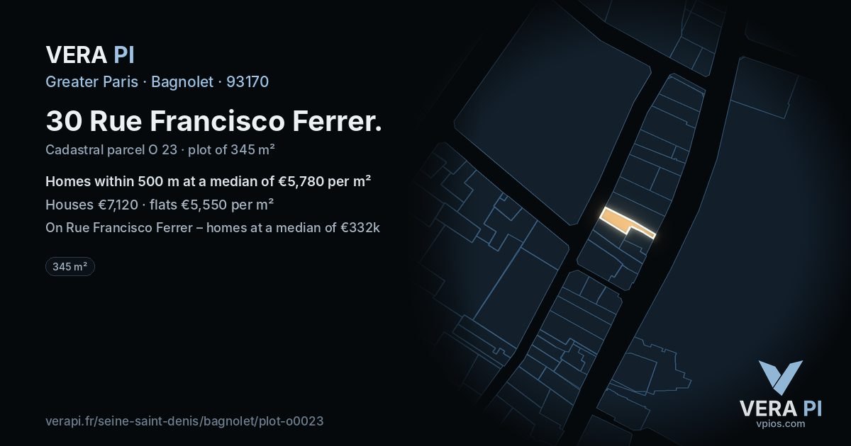 30 Rue Francisco Ferrer, Bagnolet at night – the plot lit, the parcels around coloured by the prices near them