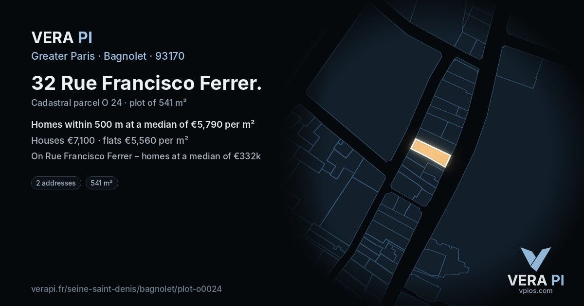 32 Rue Francisco Ferrer, Bagnolet at night – the plot lit, the parcels around coloured by the prices near them