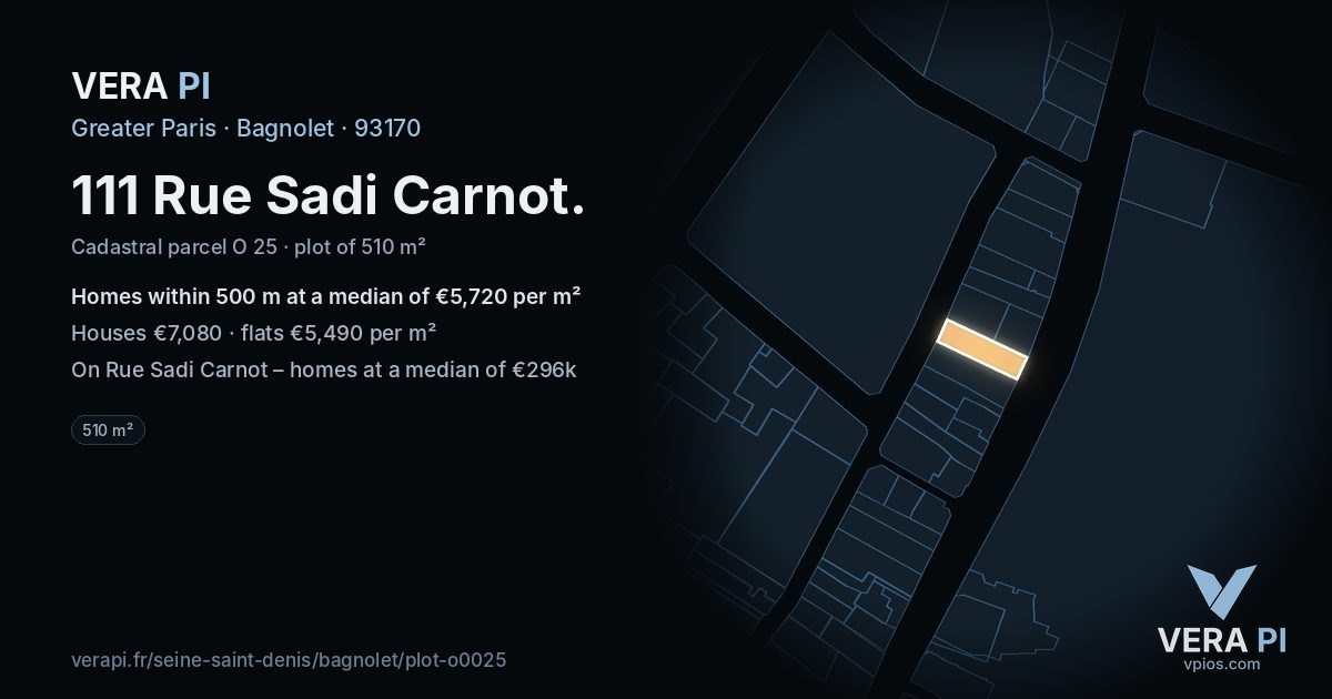 111 Rue Sadi Carnot, Bagnolet at night – the plot lit, the parcels around coloured by the prices near them