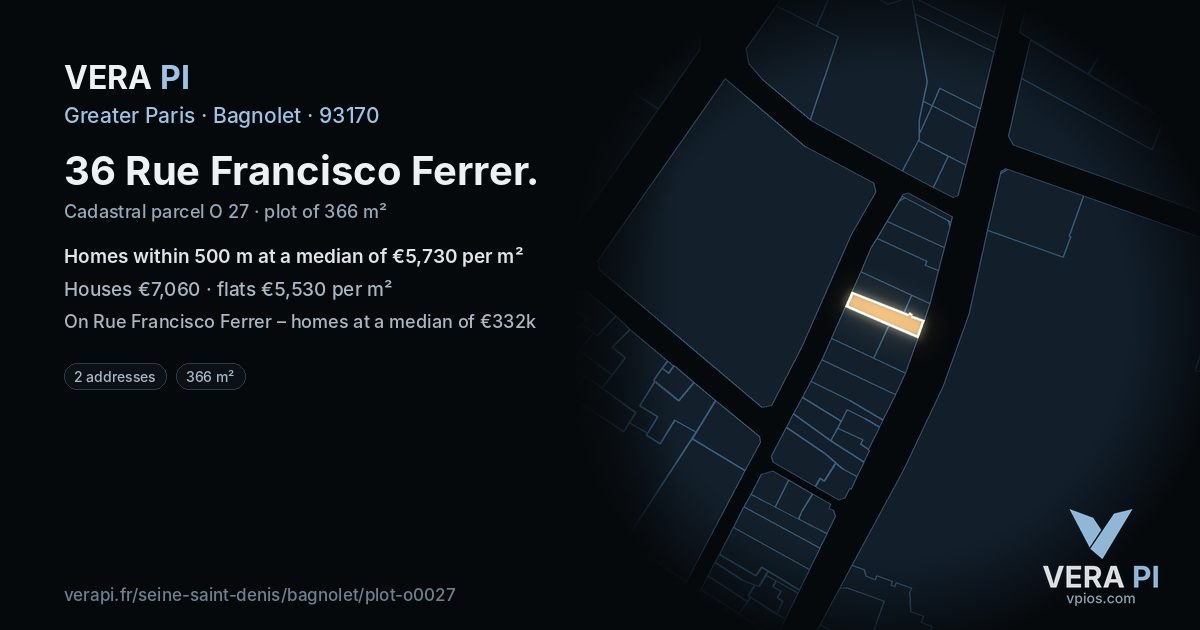 36 Rue Francisco Ferrer, Bagnolet at night – the plot lit, the parcels around coloured by the prices near them