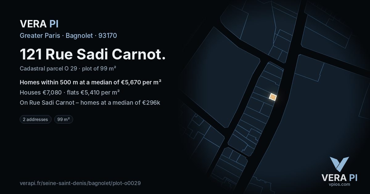 121 Rue Sadi Carnot, Bagnolet at night – the plot lit, the parcels around coloured by the prices near them