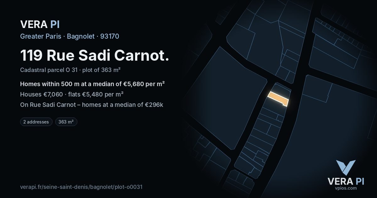 119 Rue Sadi Carnot, Bagnolet at night – the plot lit, the parcels around coloured by the prices near them