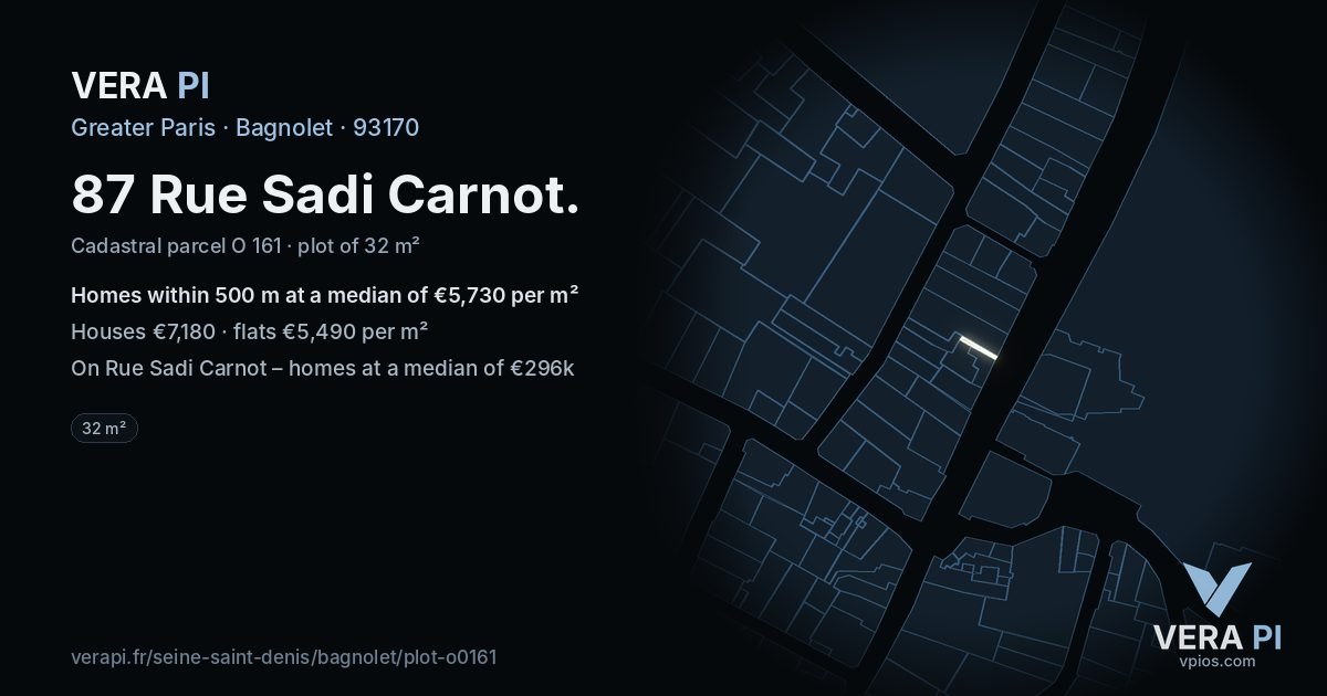 87 Rue Sadi Carnot, Bagnolet at night – the plot lit, the parcels around coloured by the prices near them