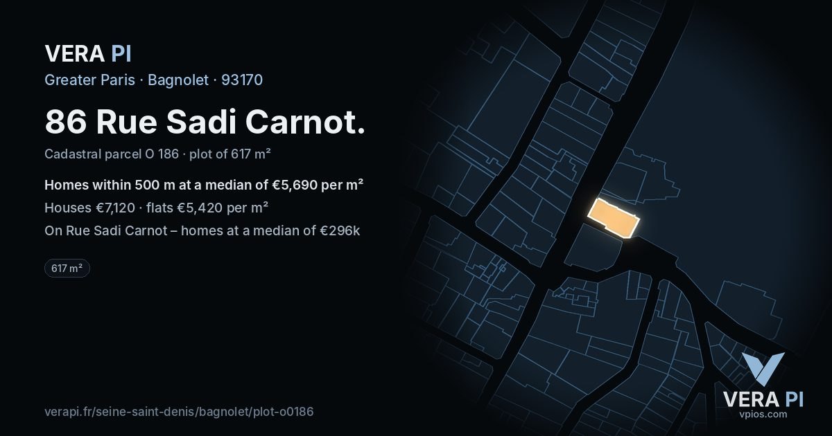 86 Rue Sadi Carnot, Bagnolet at night – the plot lit, the parcels around coloured by the prices near them