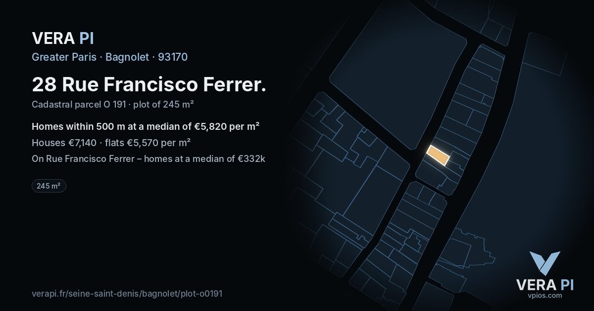 28 Rue Francisco Ferrer, Bagnolet at night – the plot lit, the parcels around coloured by the prices near them