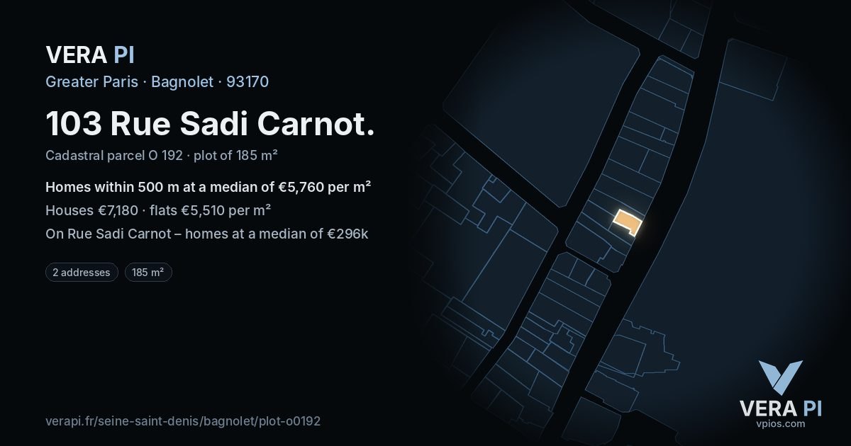 103 Rue Sadi Carnot, Bagnolet at night – the plot lit, the parcels around coloured by the prices near them