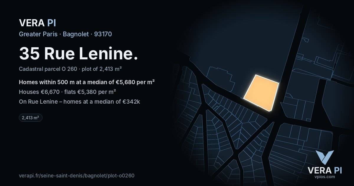 35 Rue Lenine, Bagnolet at night – the plot lit, the parcels around coloured by the prices near them