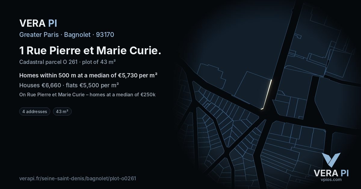 1 Rue Pierre et Marie Curie, Bagnolet at night – the plot lit, the parcels around coloured by the prices near them