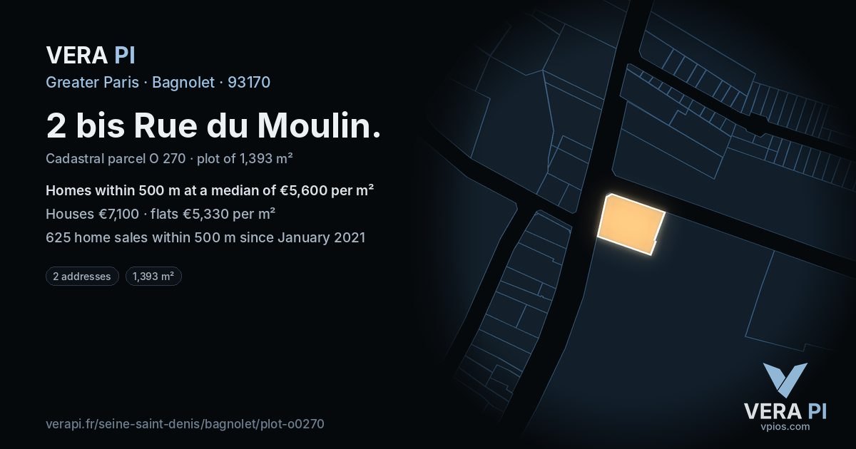 2 bis Rue du Moulin, Bagnolet at night – the plot lit, the parcels around coloured by the prices near them