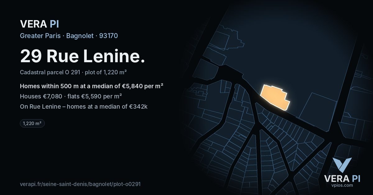 29 Rue Lenine, Bagnolet at night – the plot lit, the parcels around coloured by the prices near them