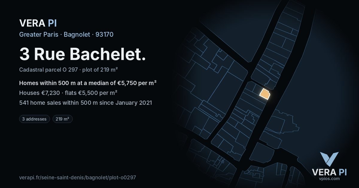 3 Rue Bachelet, Bagnolet at night – the plot lit, the parcels around coloured by the prices near them
