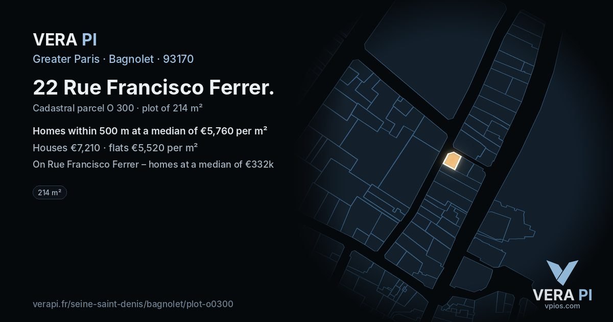 22 Rue Francisco Ferrer, Bagnolet at night – the plot lit, the parcels around coloured by the prices near them