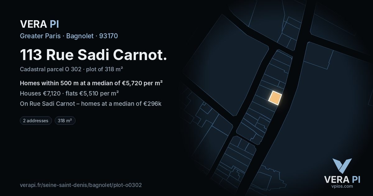 113 Rue Sadi Carnot, Bagnolet at night – the plot lit, the parcels around coloured by the prices near them
