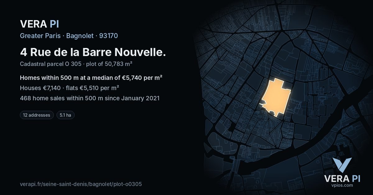 4 Rue de la Barre Nouvelle, Bagnolet at night – the plot lit, the parcels around coloured by the prices near them