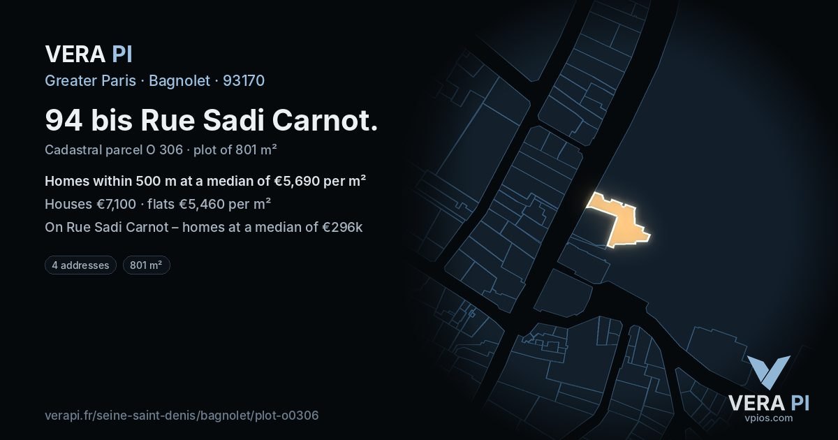 94 bis Rue Sadi Carnot, Bagnolet at night – the plot lit, the parcels around coloured by the prices near them