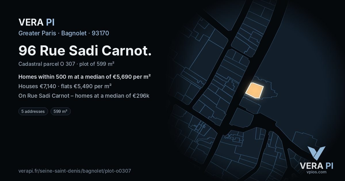 96 Rue Sadi Carnot, Bagnolet at night – the plot lit, the parcels around coloured by the prices near them