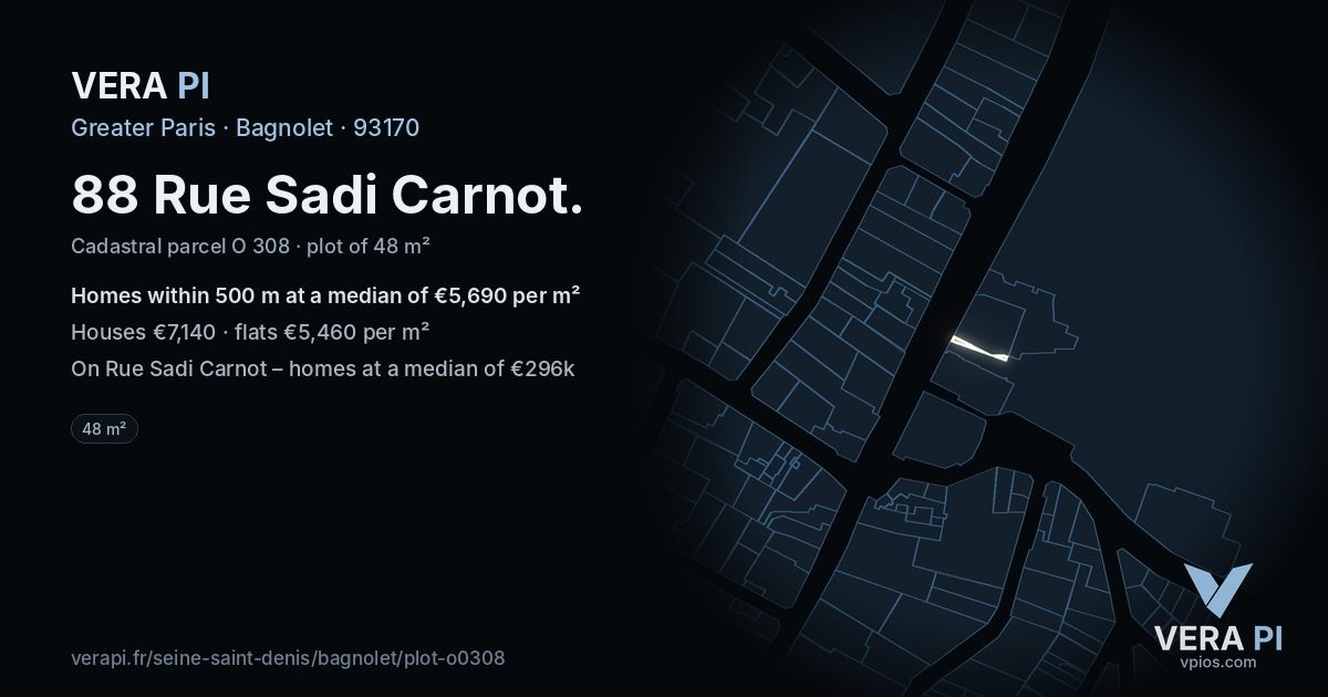 88 Rue Sadi Carnot, Bagnolet at night – the plot lit, the parcels around coloured by the prices near them