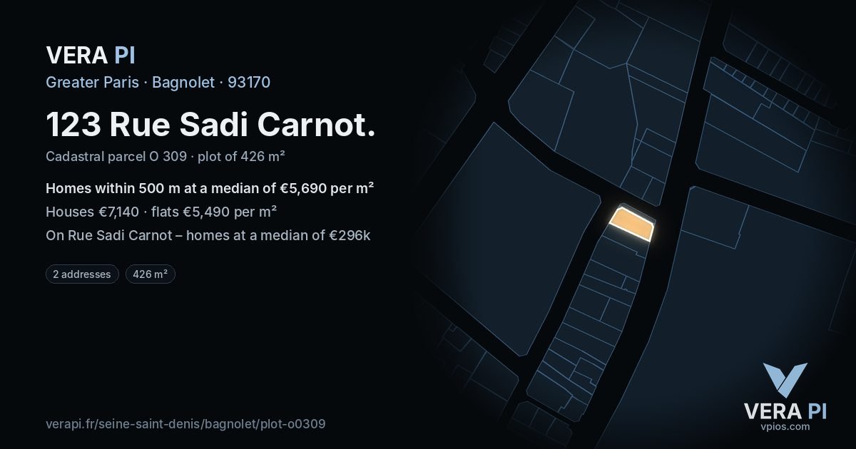123 Rue Sadi Carnot, Bagnolet at night – the plot lit, the parcels around coloured by the prices near them