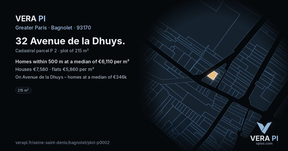 32 Avenue de la Dhuys, Bagnolet at night – the plot lit, the parcels around coloured by the prices near them