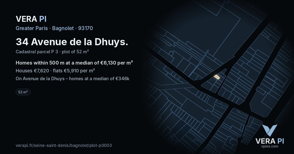 34 Avenue de la Dhuys, Bagnolet at night – the plot lit, the parcels around coloured by the prices near them