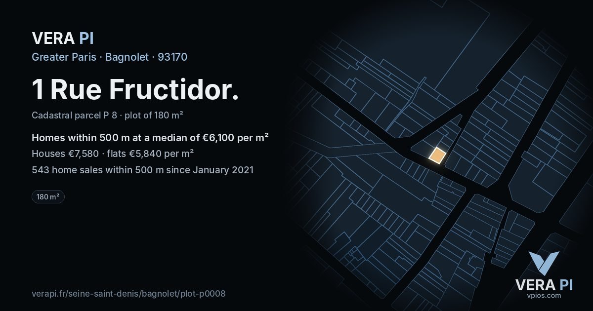 1 Rue Fructidor, Bagnolet at night – the plot lit, the parcels around coloured by the prices near them