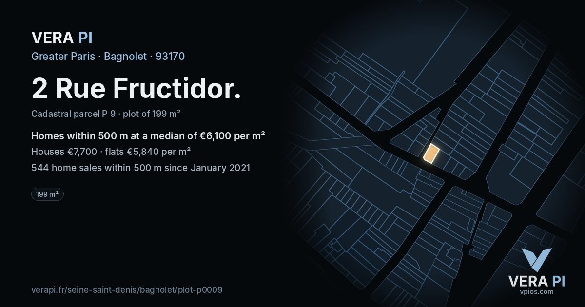 2 Rue Fructidor, Bagnolet at night – the plot lit, the parcels around coloured by the prices near them